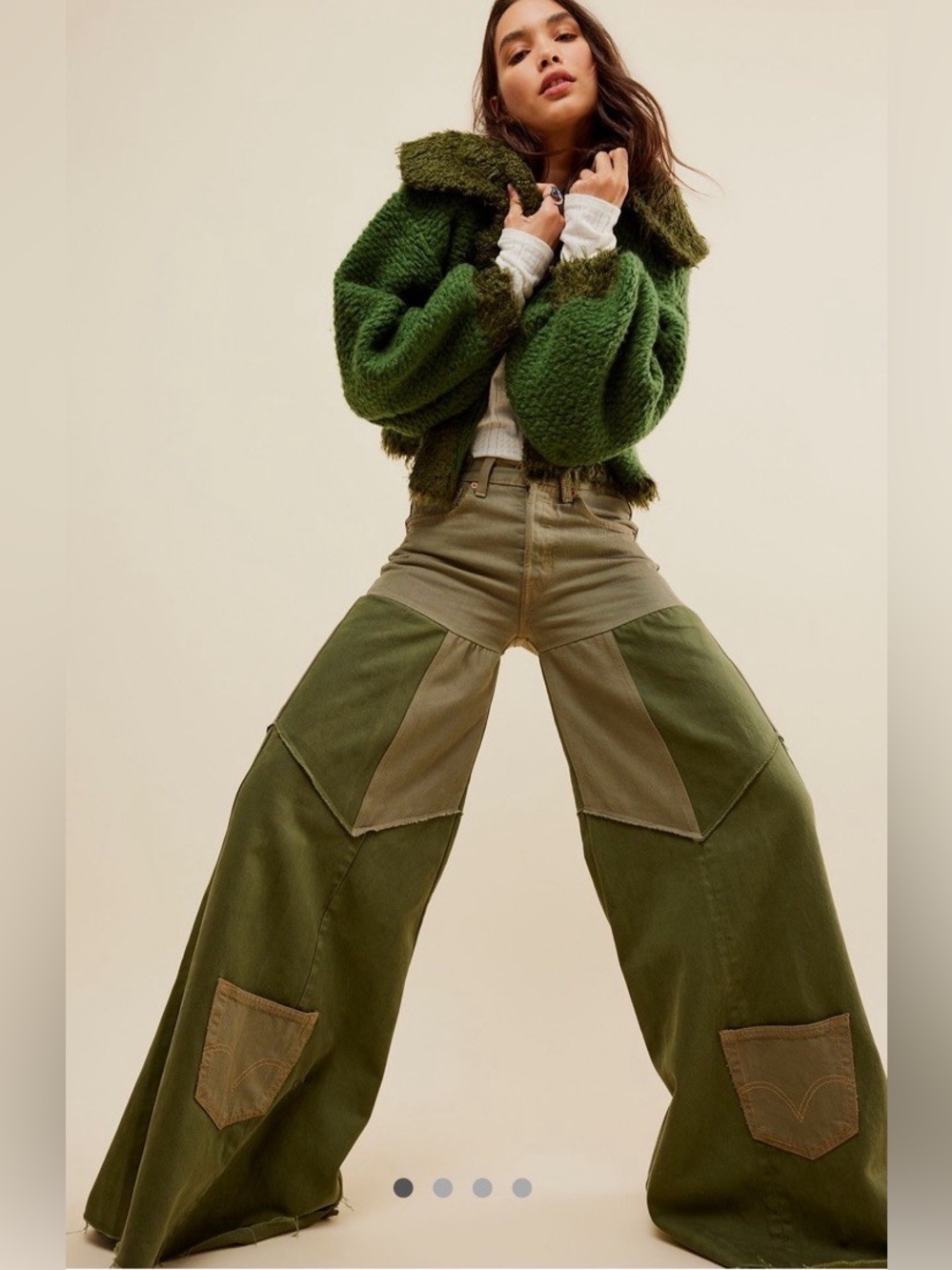 Free People x Tricia Fix Levi Two-Tone Olive Green Patchwork Wide Leg Pants obo